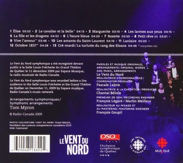 The back cover of a CD featuring the symphonic ensemble Le Vent du Nord Symphonique.
