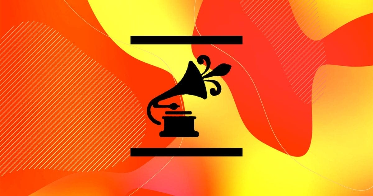 A Grammy logo showcased against an orange and yellow background in a parallel space.