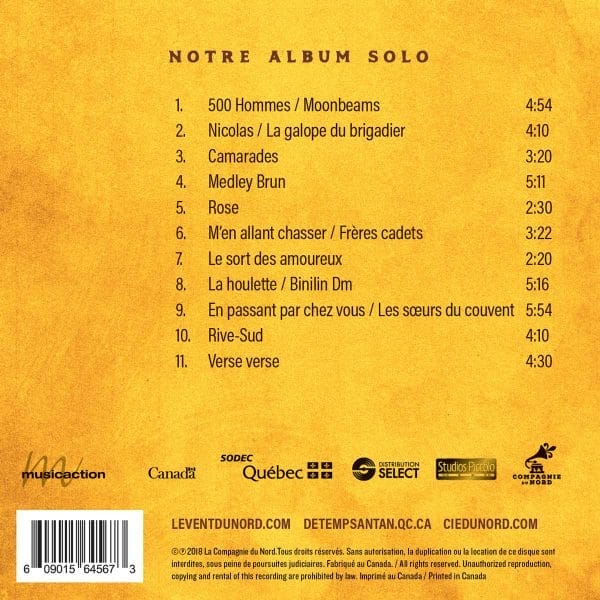The back of a yellow cover with the words 'Le Vent du Nord et De Temps Antan - Notre Album Solo'.