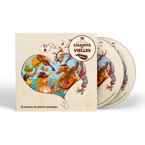 Un CD Double - Album souvenir pour le 15e du Festival Chants de Vielles avec une photo d'une guitare et d'un cœur, mettant en vedette Chants de vielles.