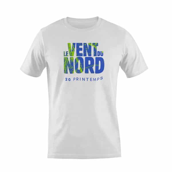 Un T-Shirt Homme blanc - Vent du Nord / 20 PRINTEMPS avec la mention "vente en nord".